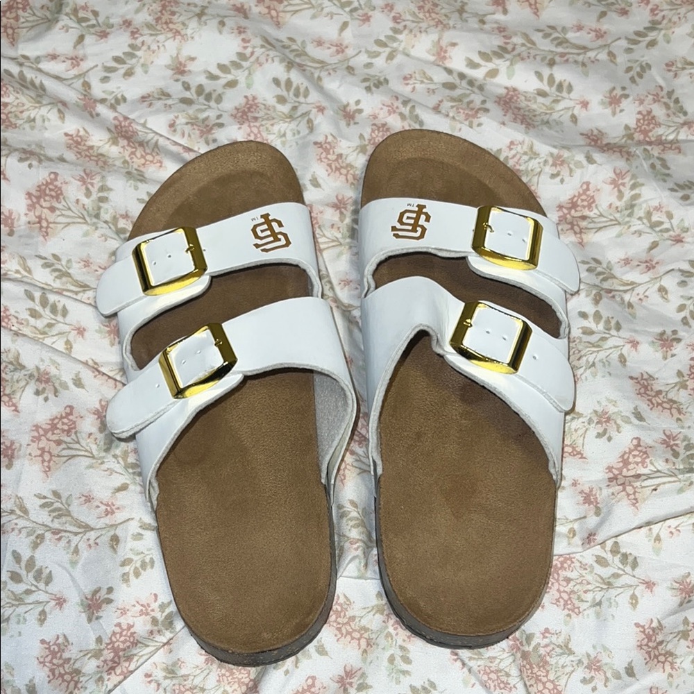 White  FOCO San Francisco Giants Slide Sandals with Gold Buckles